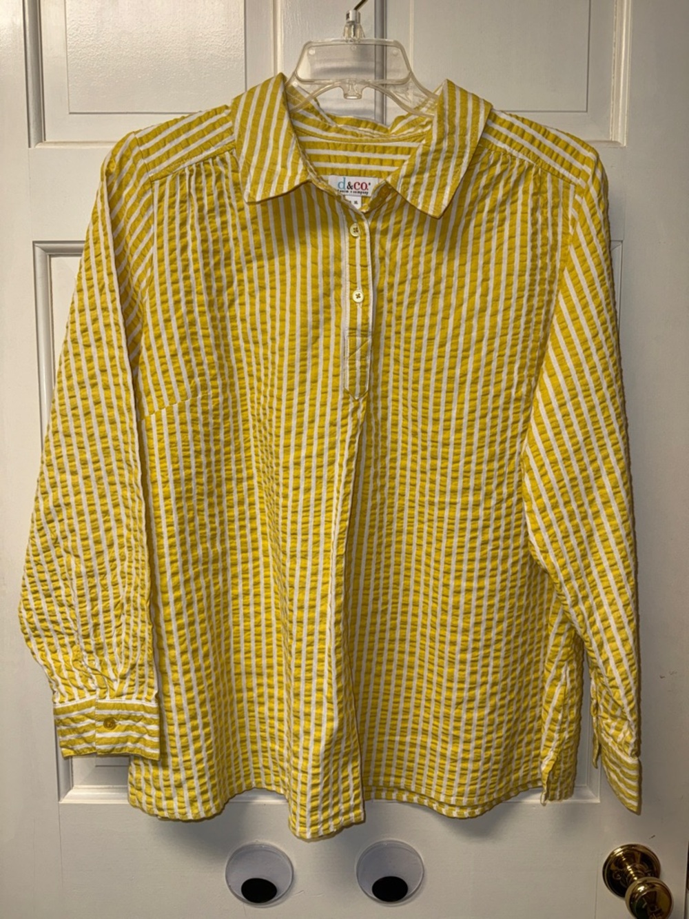 Denim & Co. Stretch Seersucker Long Sleeve Top yellow & white XL D&co.QVC NWOT